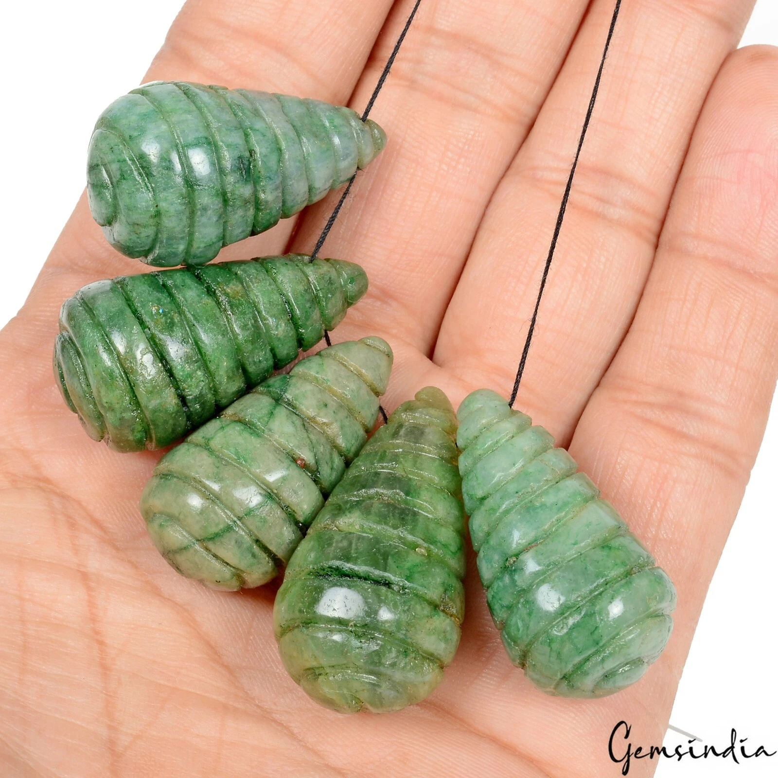 300 Cts Natural Green Emerald Carving Pear Drop Drilled jewelry Beads/Briolettes