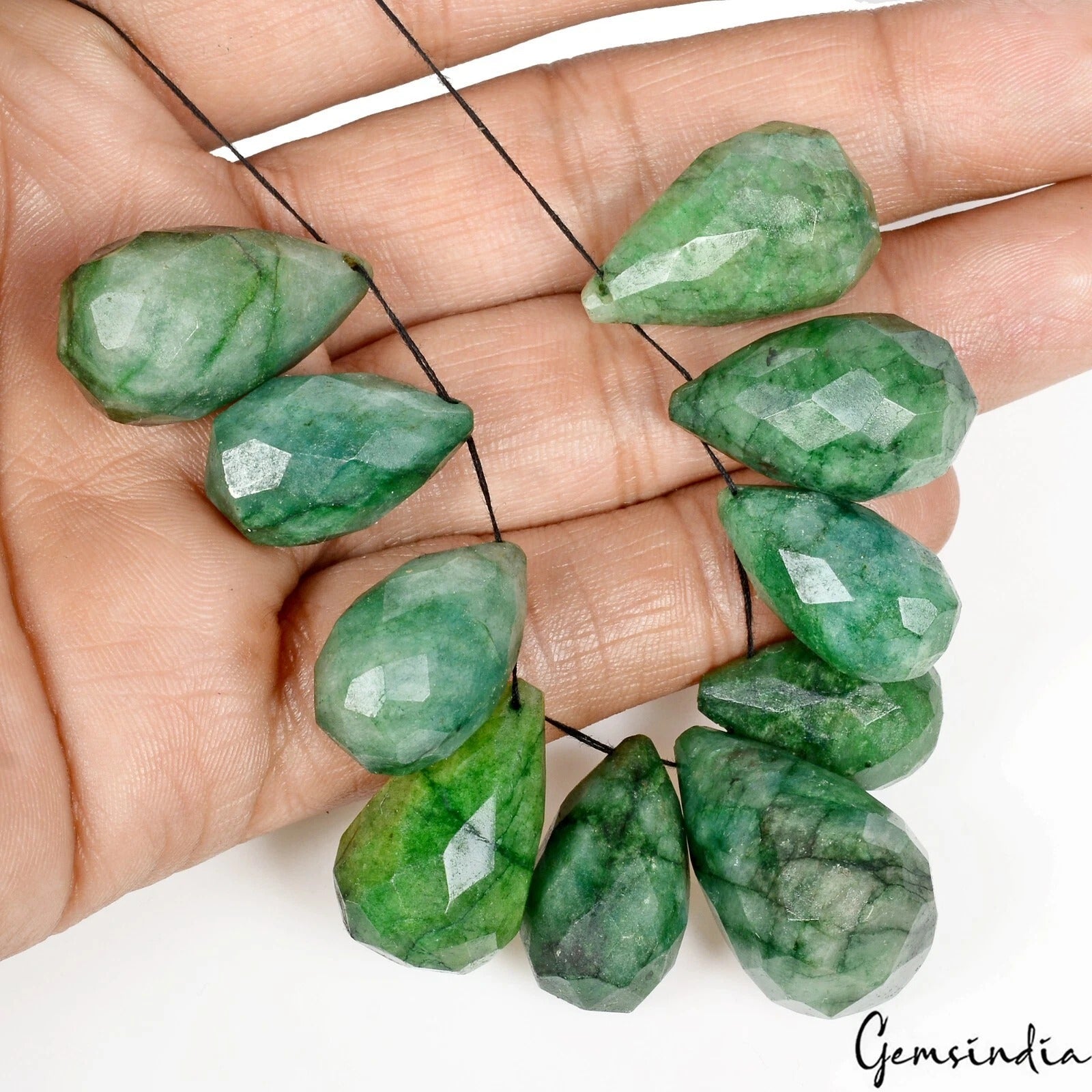 10 Pcs Natural Green Emerald Pear Checker Cut Drilled Beads/Briolettes ~300 Cts