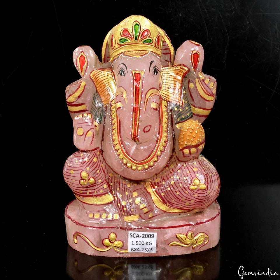 1.5 kilo Natural Pink Rose Quartz Gem Hand Carved Ganesha Gold Paint Statue 6 In