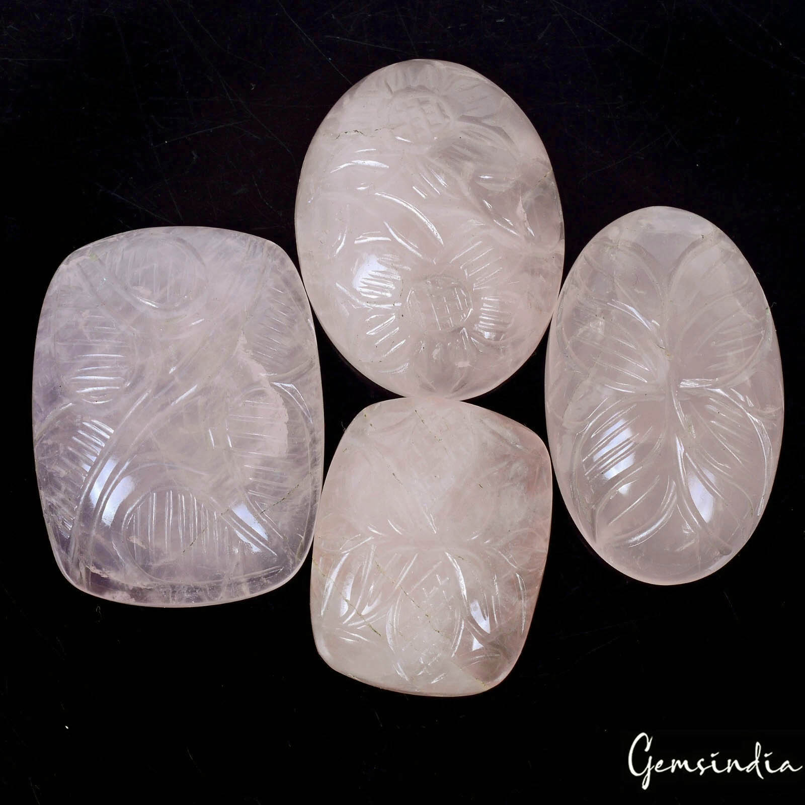 350 Cts/4 Pcs Natural Untreated Pink Rose Quartz Mix Cut Carving Loose Gems Lot