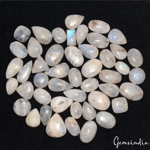 47 Pcs Natural Blue Shine Rainbow Moonstone 17mm-29mm Mix Cabochon Gemstones Lot