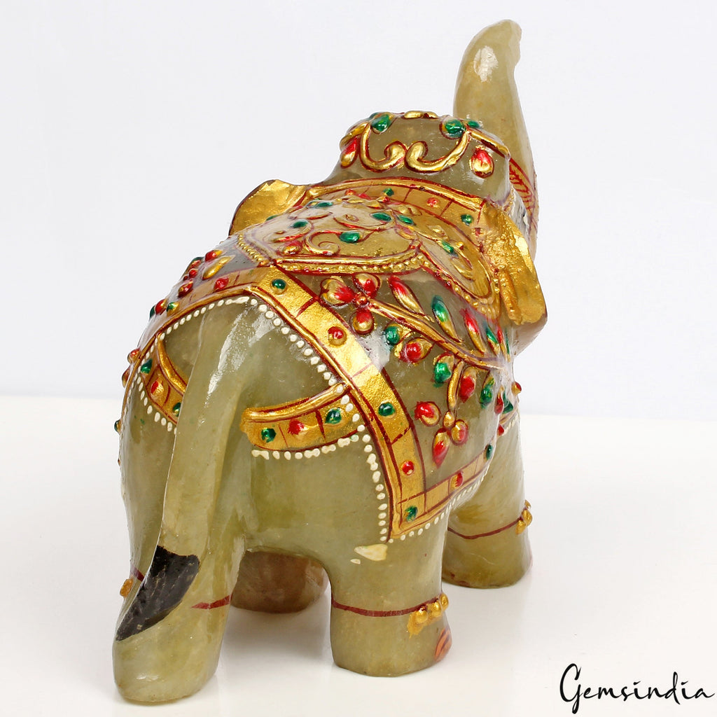 3330 Cts Natural Aventurine Gold Painted Trunk Up Elephant Home Decor/ Sculpture