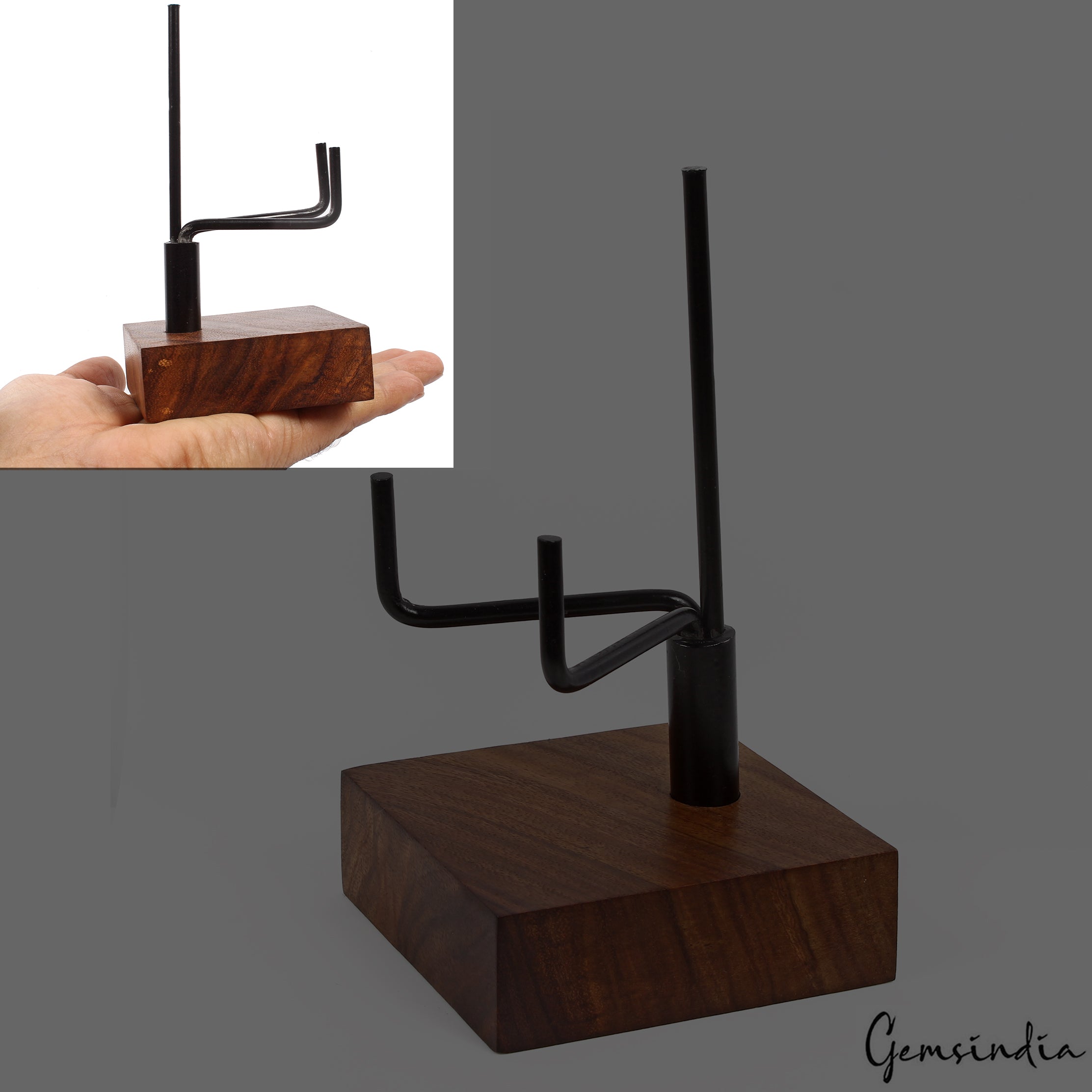 Adjustable Metal Arms Display Stand with 3x3 Inch Wooden Base for Rock Specimen