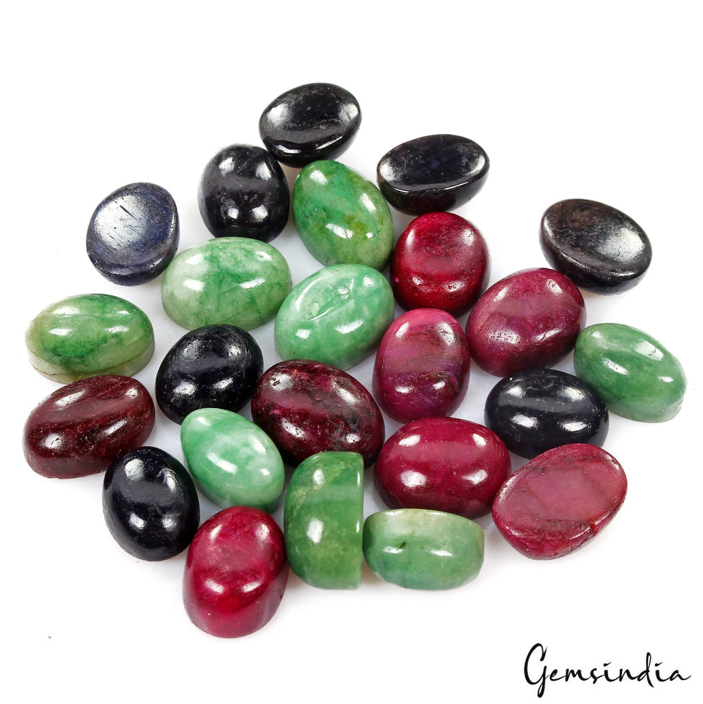 Certified 260 Ct Natural Ruby Emerald Sapphire Oval Cabochon Loose Gemstones Lot