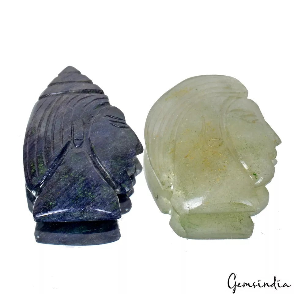 175 Ct/2Pc Natural Fluorite/Aventurine Warrior Head Pocket Size Carved Sculpture