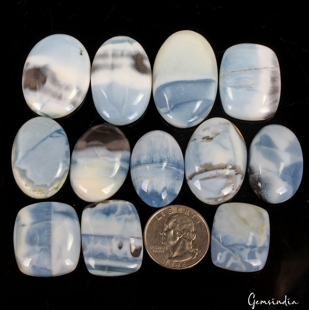 360 Ct/12 Pcs Natural Untreated Owyhee Bio Blue Opal Mix Cab Gem Lot For Jewelry