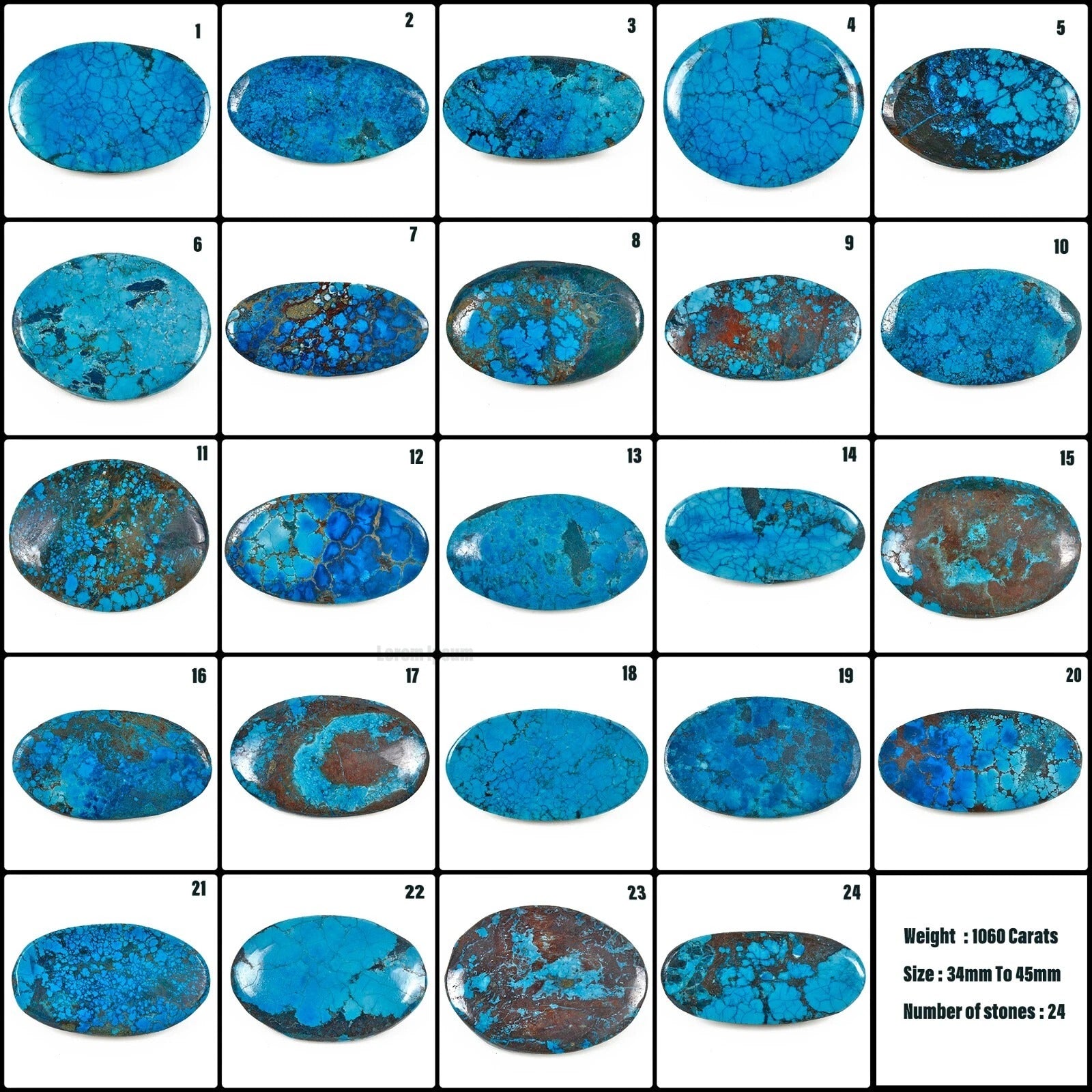Turquoise Lot, Cabochon, Blue — 24 Pieces, 34mm to 45mm, 1060 Ct