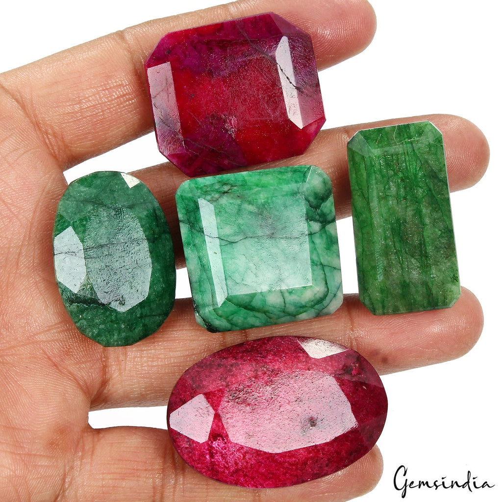 580 Ct Natural Green Emerald & Red Ruby Mix Cut Loose Huge Gemstones 30-43mm Lot