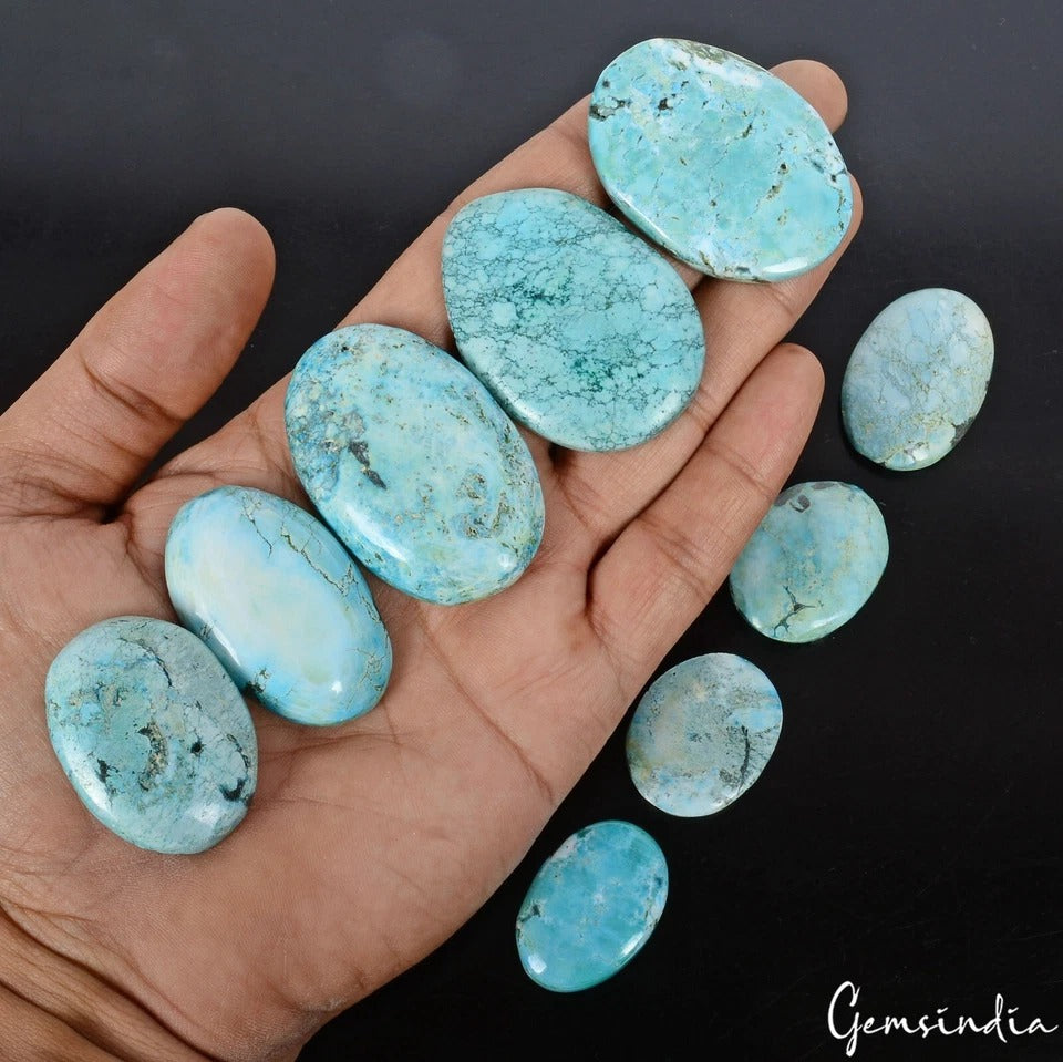 700 Cts/9 Pcs Natural Turquoise Blue Green Color Oval Cab Loose Gem For Jewelry