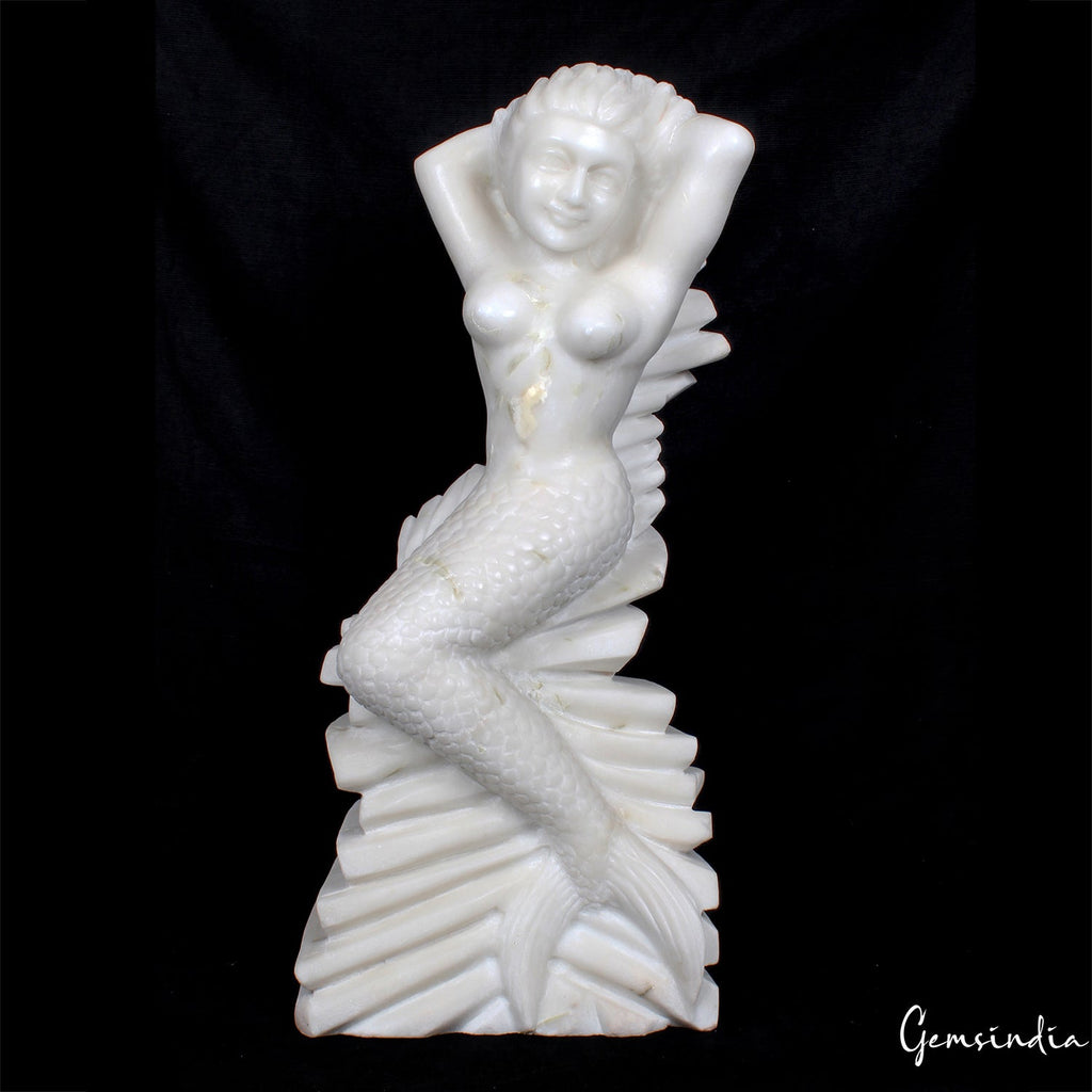 Large White Marble Mermaid Hand Carved Figurine Statue 22 inch Tall /30.8 kilo