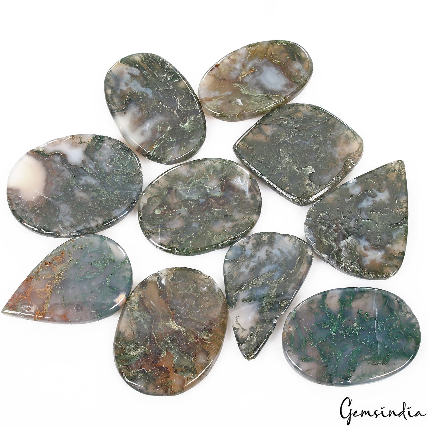 1260 Cts/10 Pcs Natural Untreated White Green Moss Agate Mix Cab Wholesale Gems