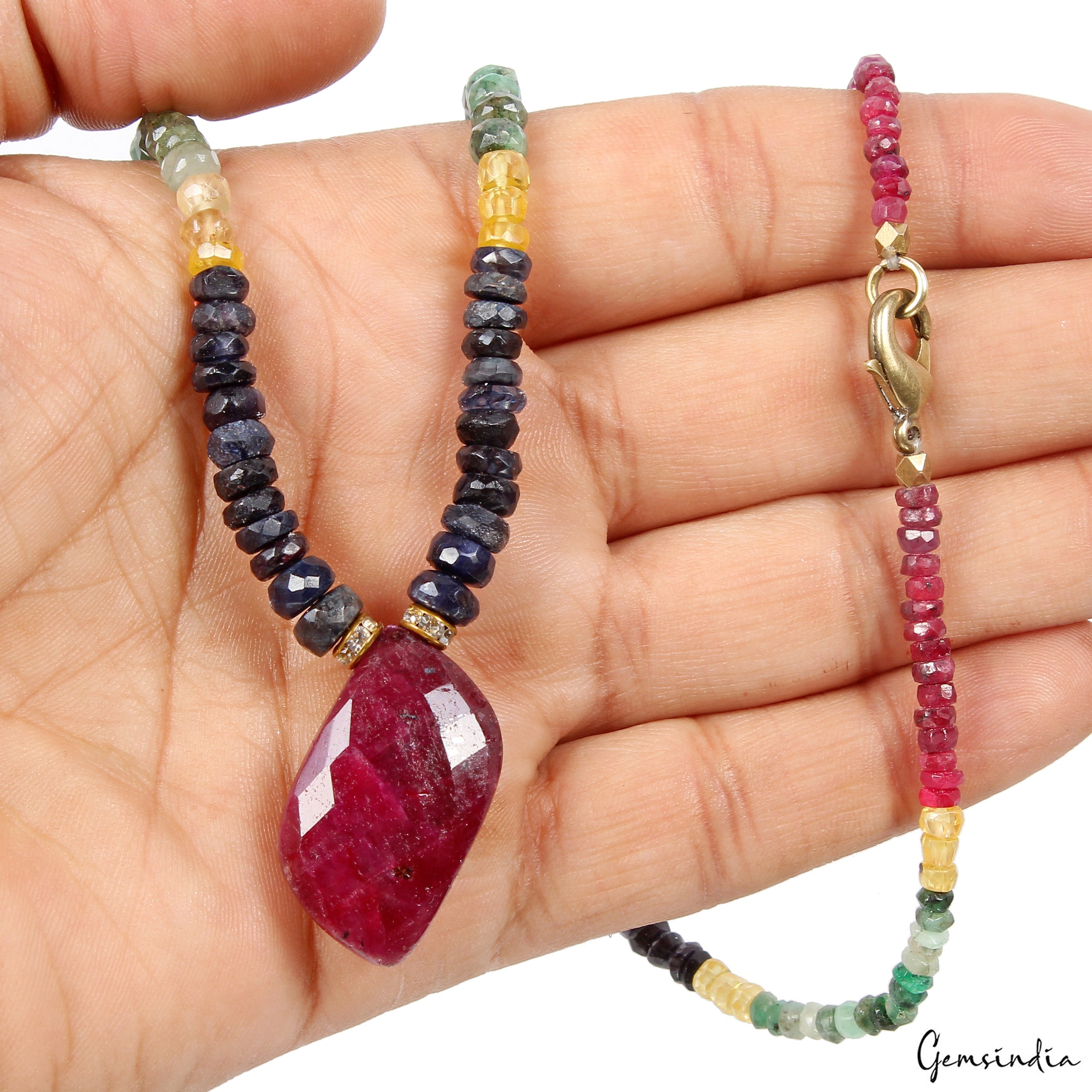 One Strand Natural Emerald Ruby Sapphire Necklace Faceted Beads w/Ruby Briolette