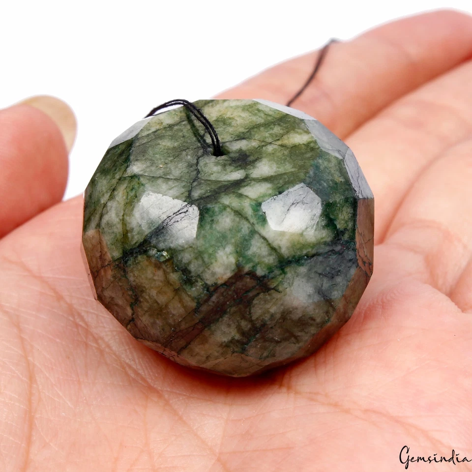 182 Ct Natural Green Emerald Round Faceted 31mm Drilled Huge Size Bead Gemstone