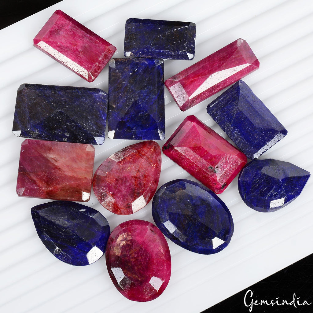 Certified 600 Cts/13 Pcs Natural Red Ruby Blue Sapphire Mixed Cut Loose Gems Lot