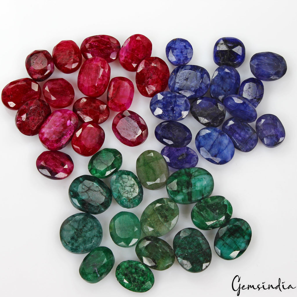 360 Ct/43 Pcs Natural Red & Blue Beryl Green Emerald Oval Cut Loose Gemstone Lot