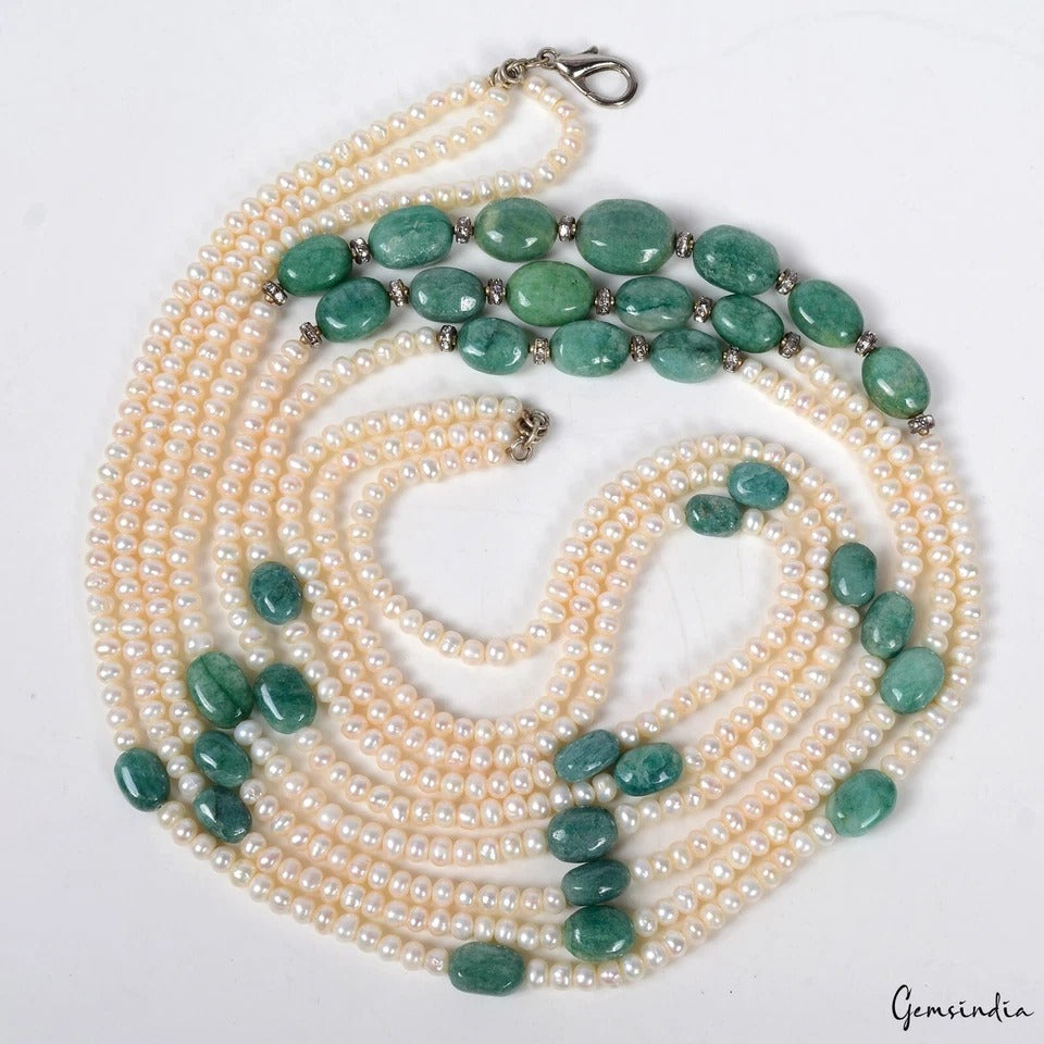 790 Ct Natural Emerald Pearl Beaded Long 3 Strand Necklace Jewelry For Women 36"