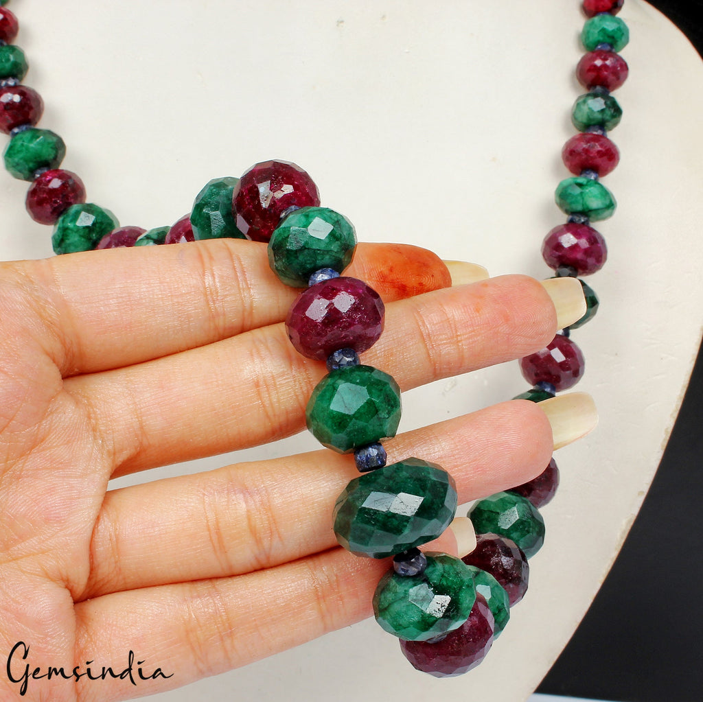 Natural Multi Ruby Emerald Sapphire Gems Round Cut Beads Necklace 19 Inch