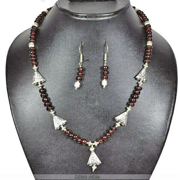 237+Cts Natural Untreated Wine Red Garnet Round Cab Beaded Handmade Jewelry Set