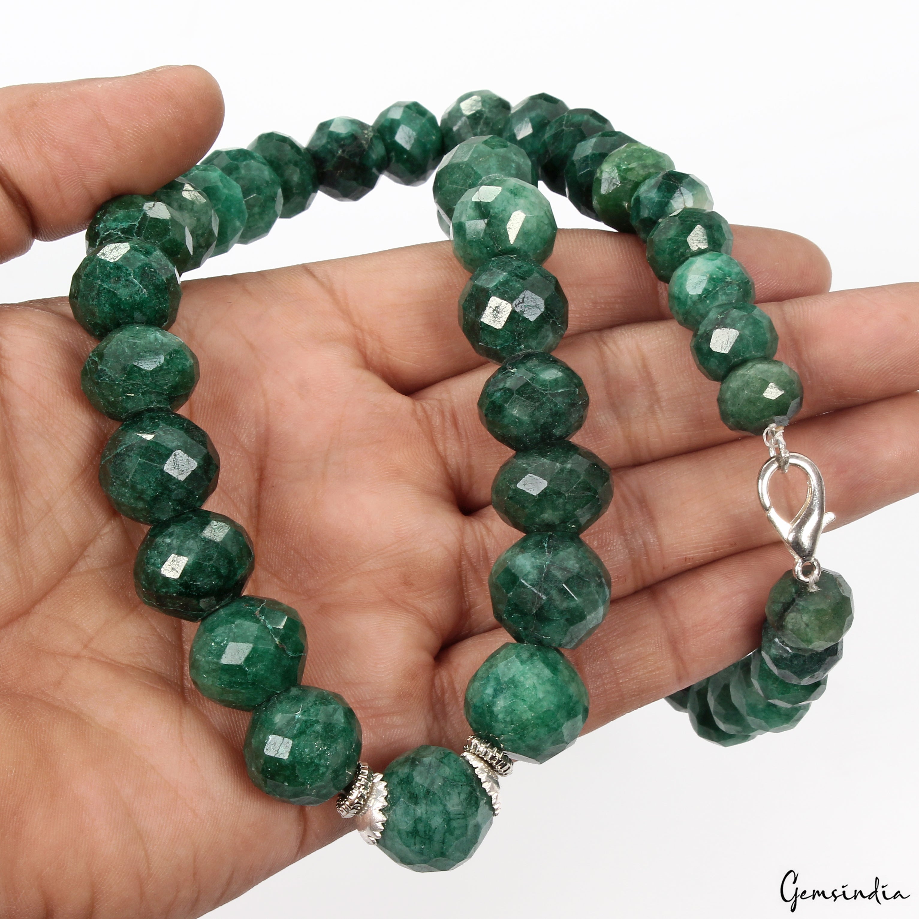 Natural Green Emerald Necklace 12-17mm Huge Faceted Round Beads Handmade Jewelry