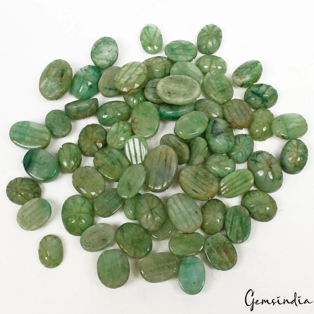 700 Ct/66 Pcs Natural Green Brazilian Emerald Oval Cut Hand Carved Loose Gem Lot