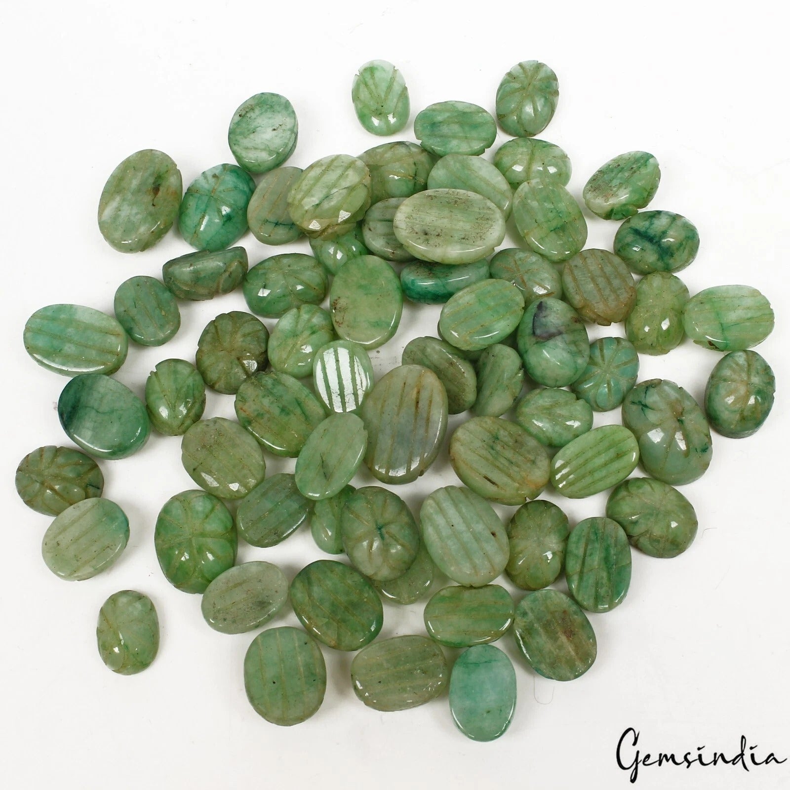 700 Ct/66 Pcs Natural Green Brazilian Emerald Oval Cut Hand Carved Loose Gem Lot