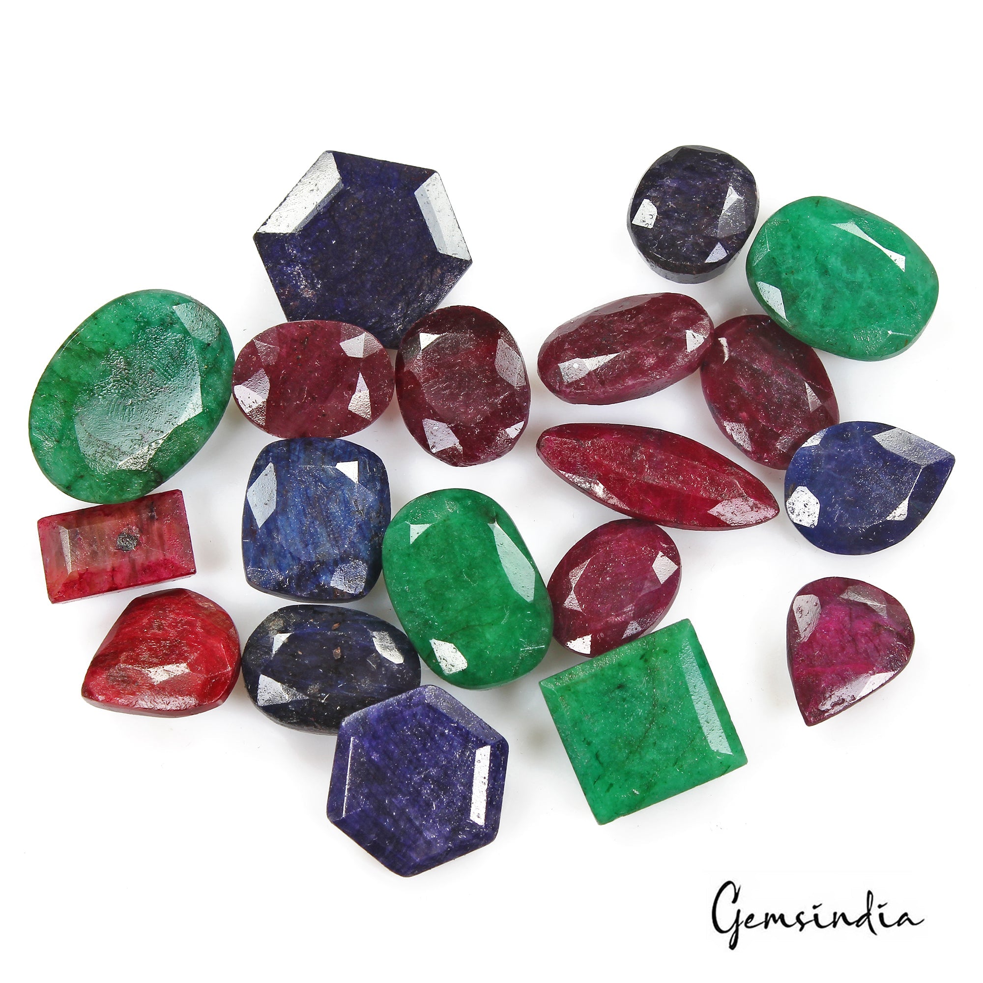 Certified 390 Cts/19 Pcs Natural Multi Gems Emerald Ruby Sapphire Mixed Cut Gems