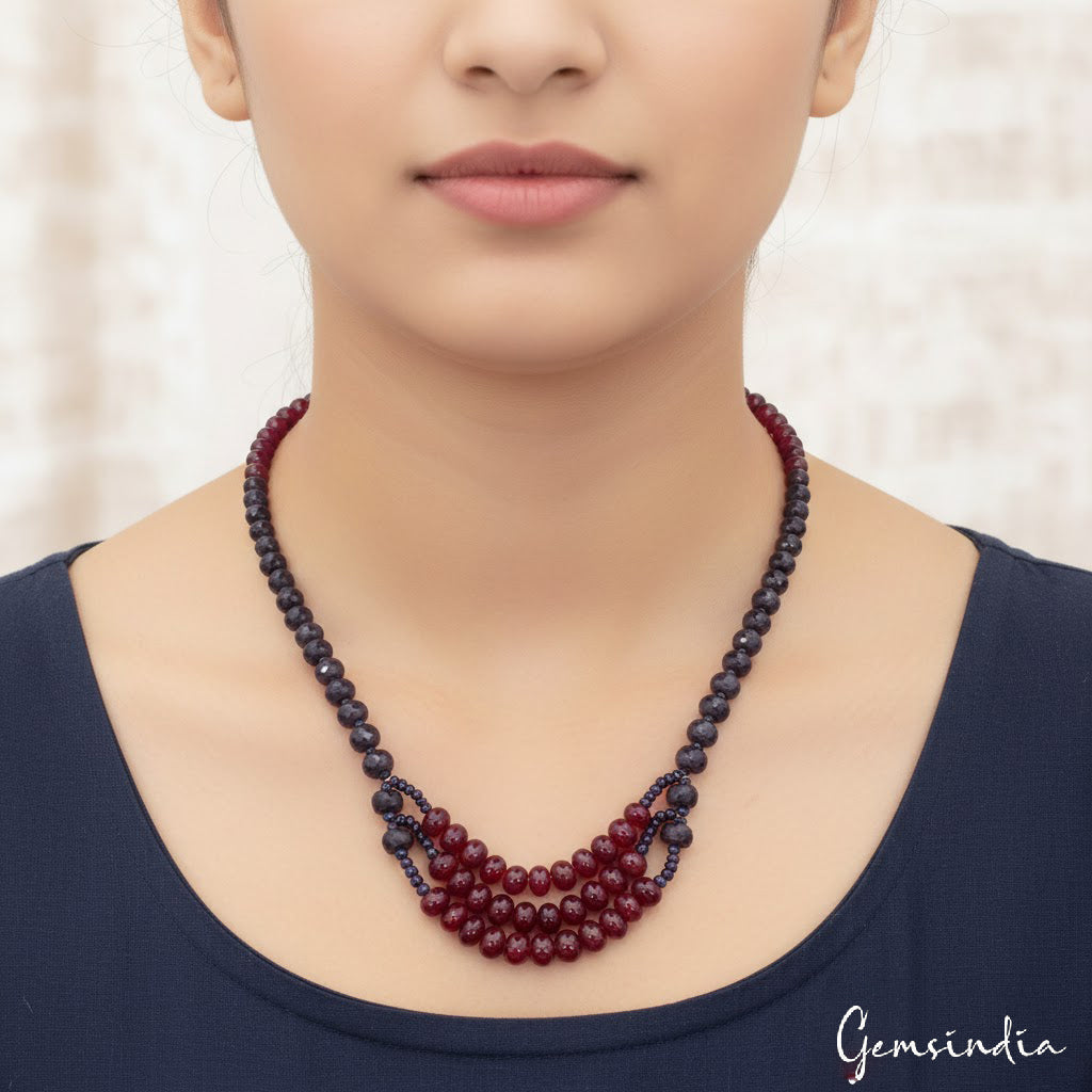 550 Cts Natural Blue Sapphire Red Ruby Round Cab Beaded Handmade Necklace 24"