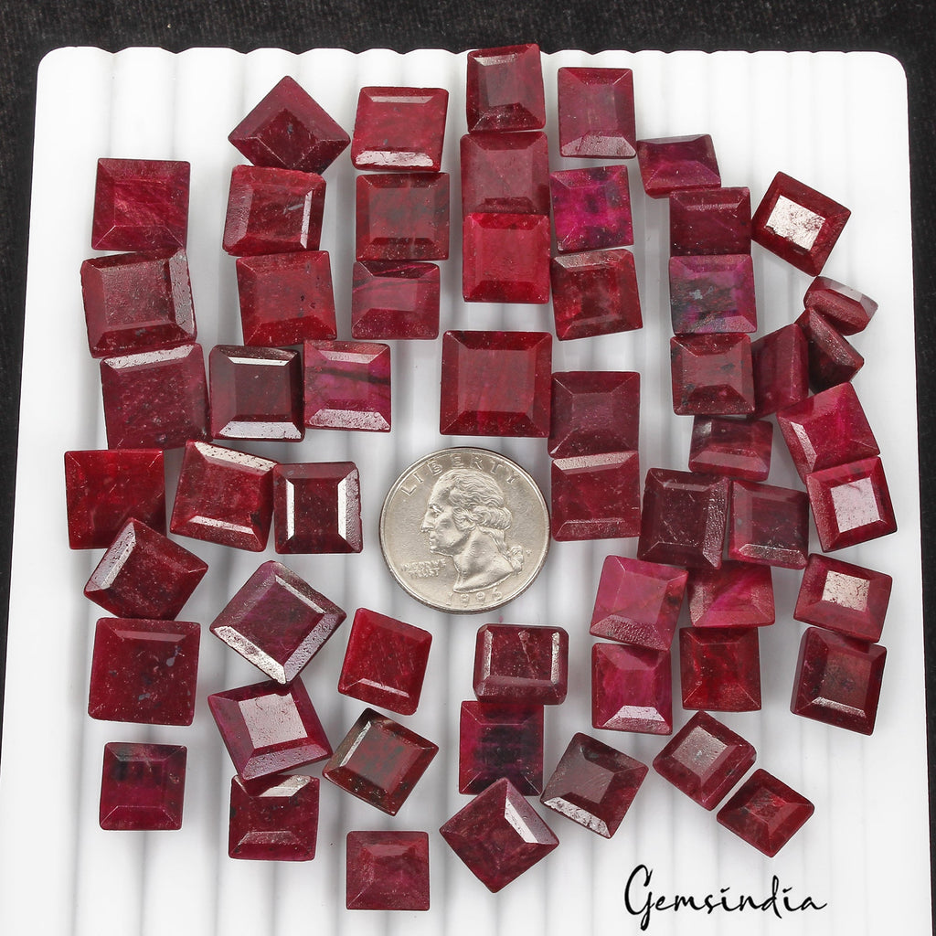 Certified 700 Cts/57 Pcs Natural Red Ruby Square Cut Loose Gems Lot For Jewelry