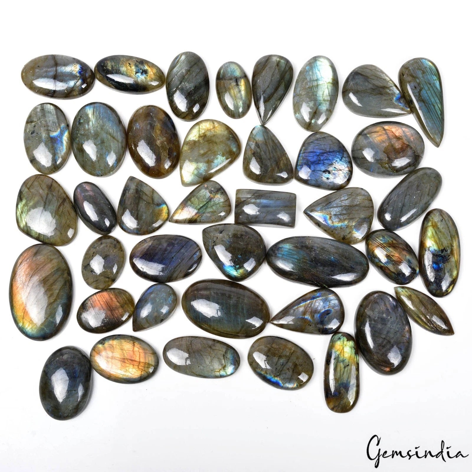 Labradorite Lot, Cabochon, Yellow — 40 Pieces, 23mm to 40mm, 1500 Ct