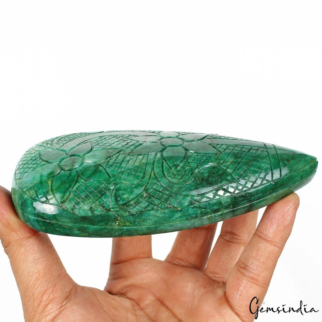 2100 Cts Natural Brazilian Green Emerald Pear Carved Huge Loose Earth Mined Gem
