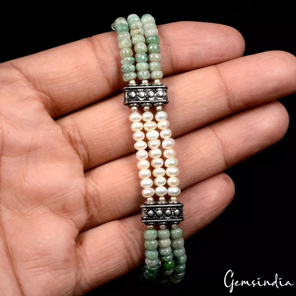 85. Ct Natural Emerald Pearl Round Beaded Oxidised Silver Handmade Bracelet 7.5”