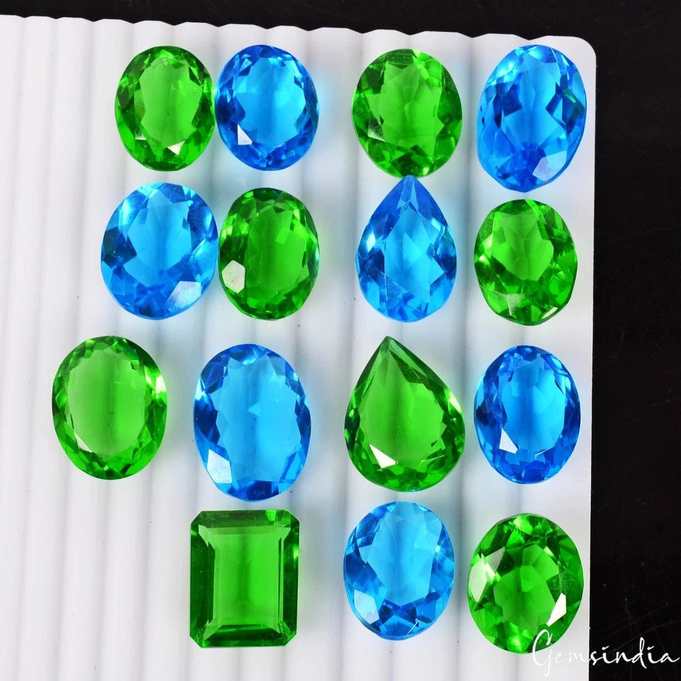 345 Cts/15 Pcs Lab Created Blue Topaz & Peridot Hydro Loose Jewelry Gemstones
