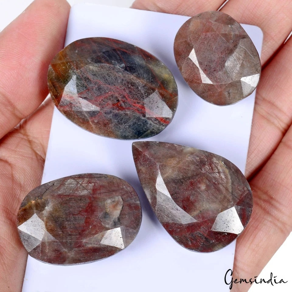 470 Ct/4Pcs Natural Untreated Brown Sapphire with Red Streaks Mix Cut Loose Gems
