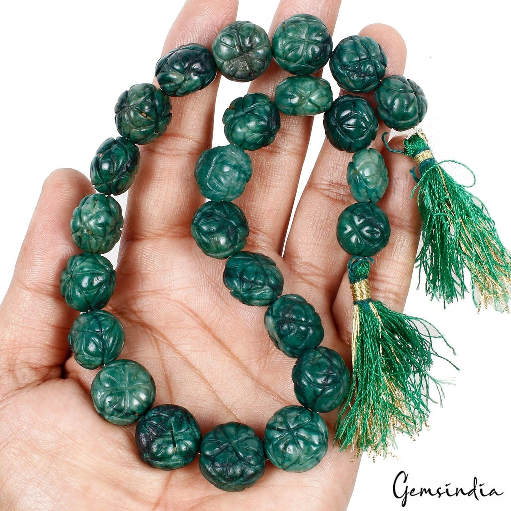530 Ct/25 Pcs Natural Dark Green Emerald Round Drill Carved Beads Strand~15"Long