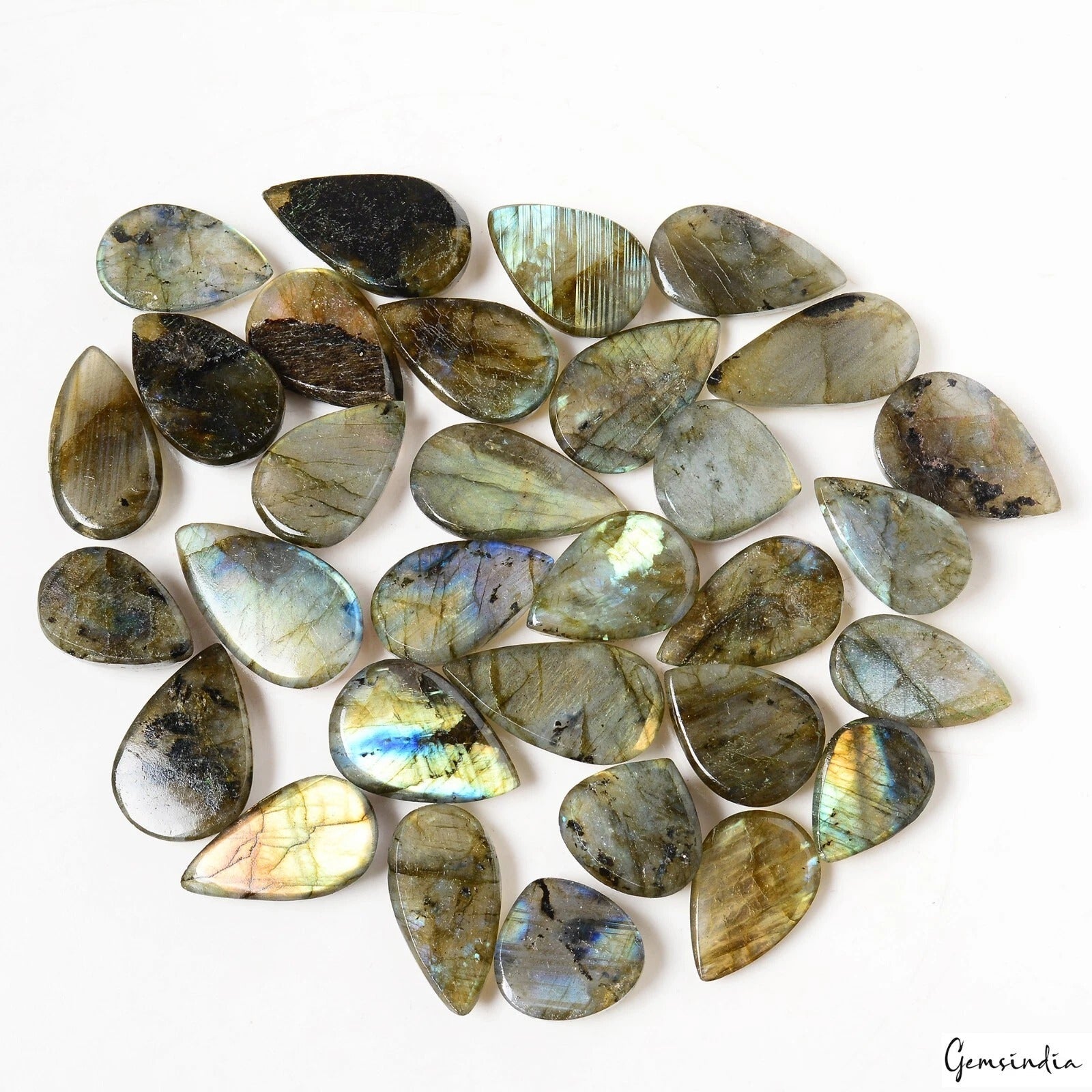 550 Ct/31 Pcs Natural Untreated Blue Green Shine Labradorite Pear Cab Loose Gems