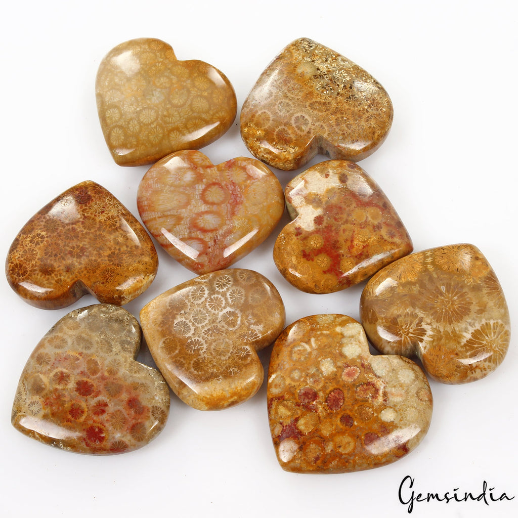 9 Pcs Natural Fossil Coral 30-37mm Heart Shape Loose Cabochon Gemstones 730 Cts