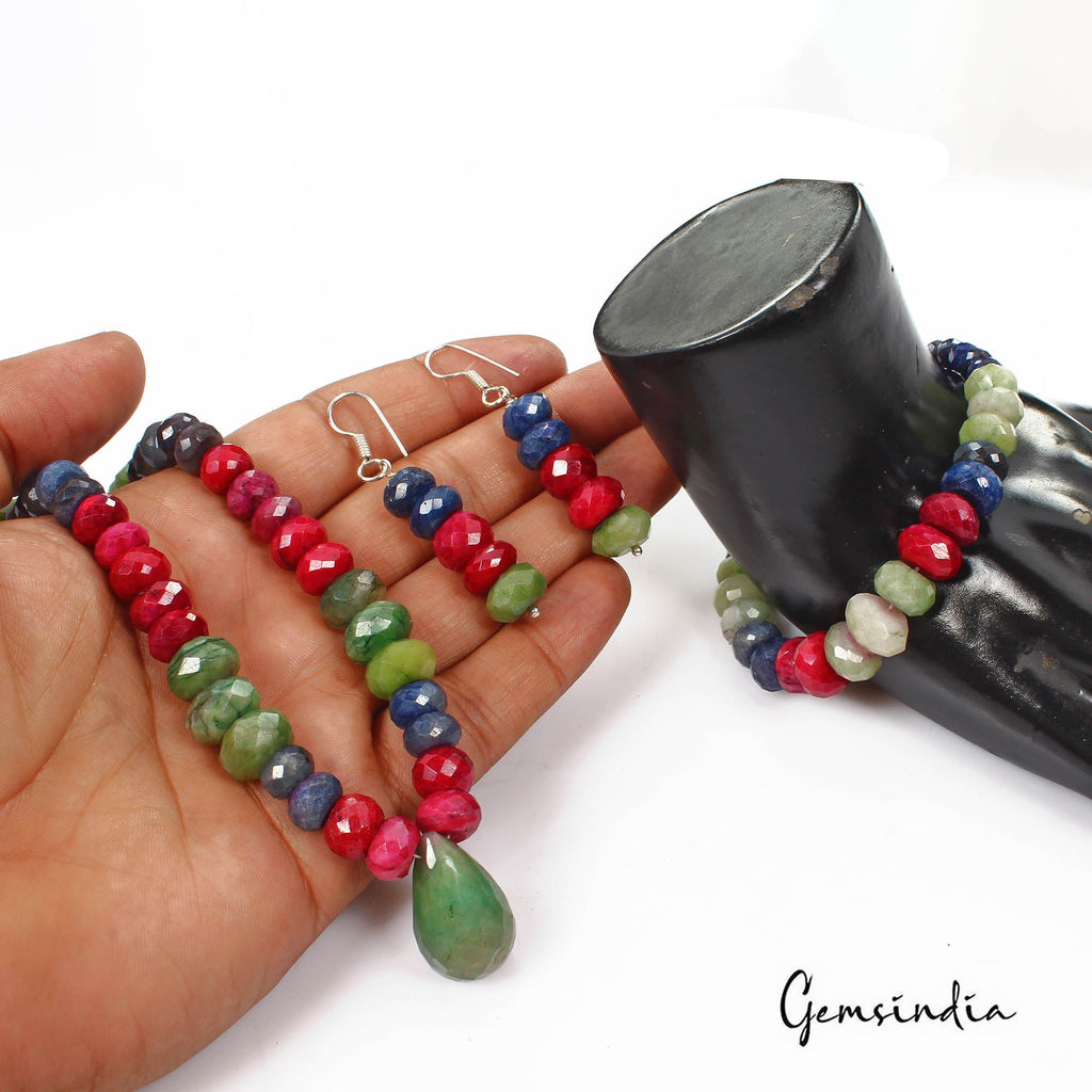 711.80 Ct Natural Multi Color Ruby Emerald Sapphire Round Cut Beaded Jewelry Set