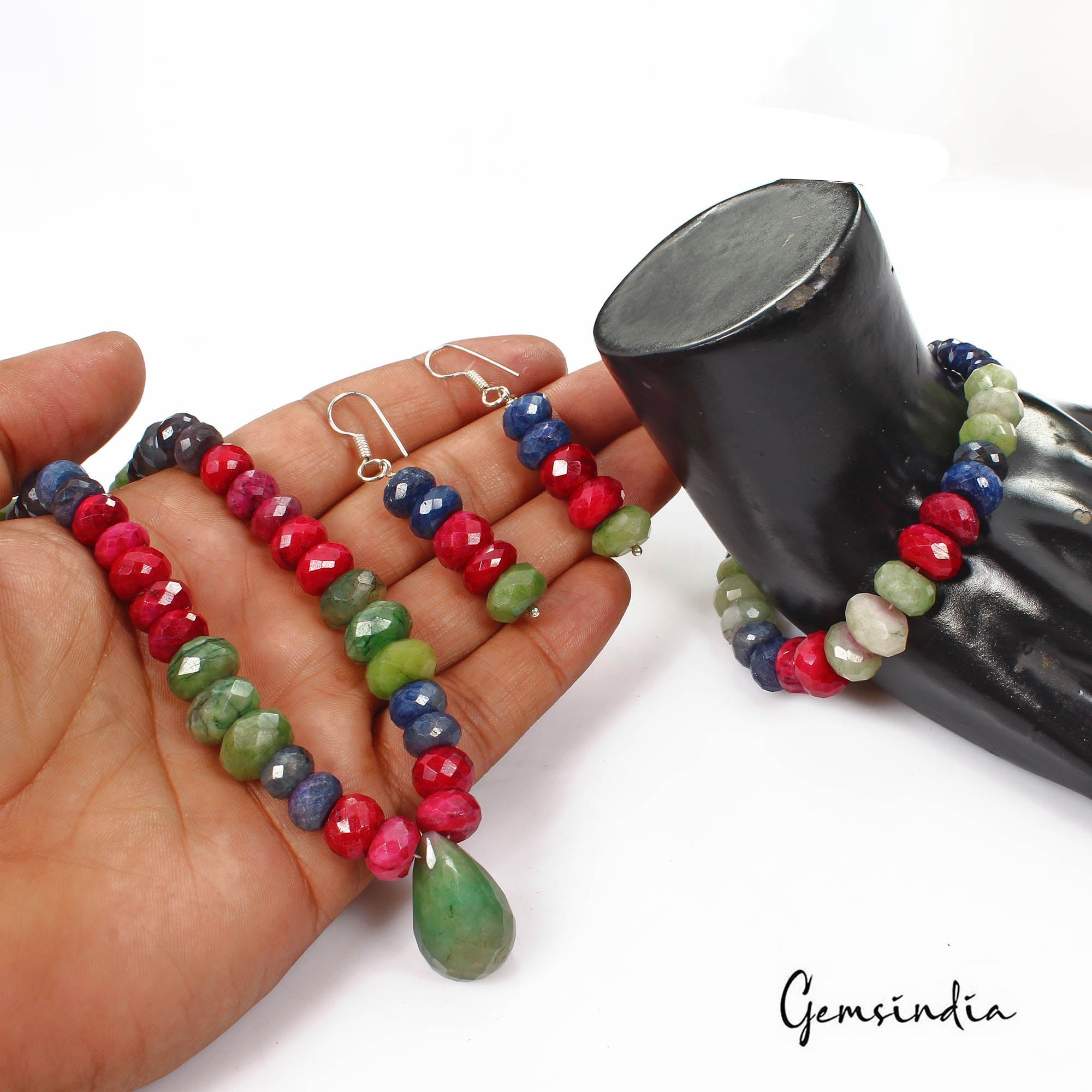 711.80 Ct Natural Multi Color Ruby Emerald Sapphire Round Cut Beaded Jewelry Set
