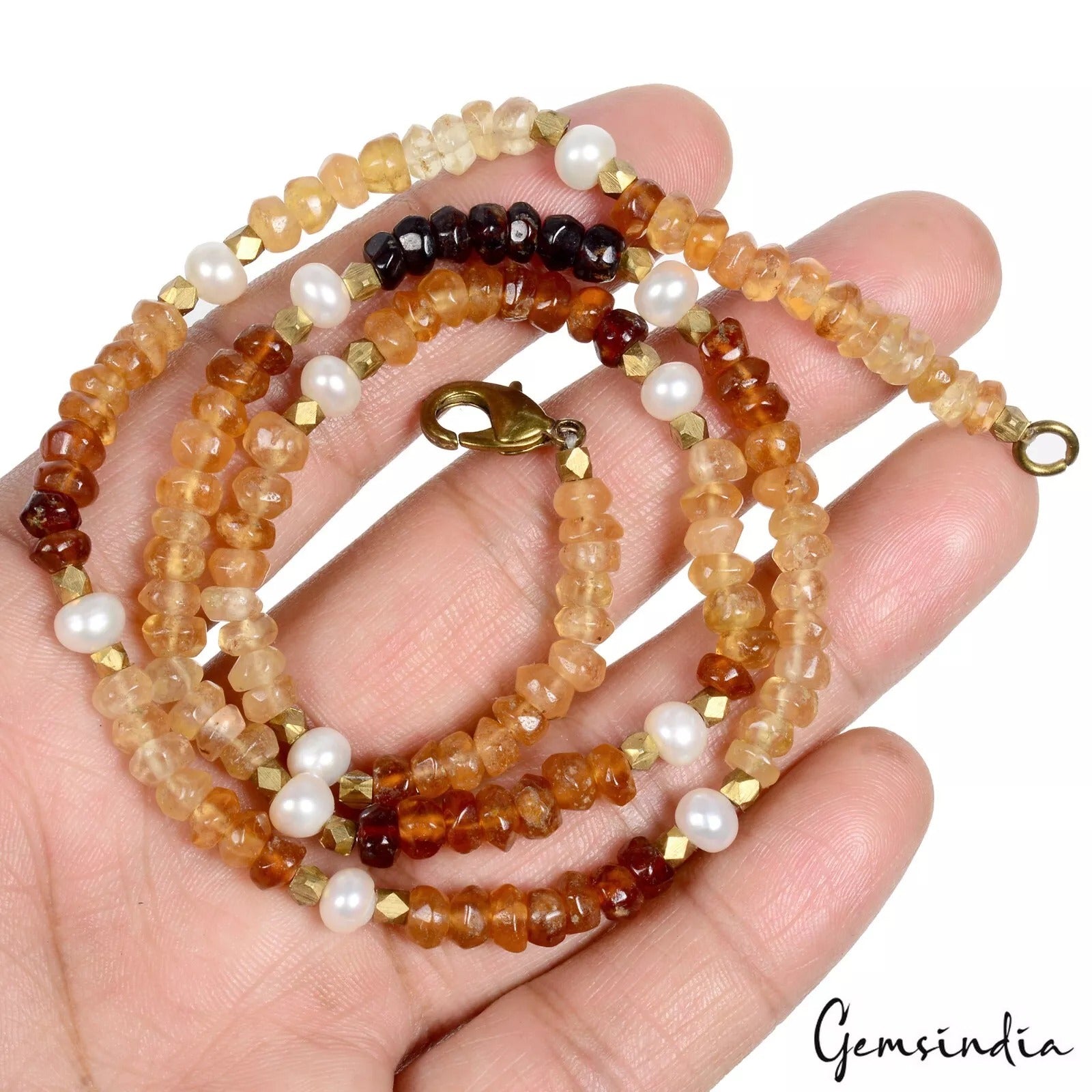 150 Ct Untreated Hessonite Garnet & Pearl Round Cut Bead Handmade Necklace 20"