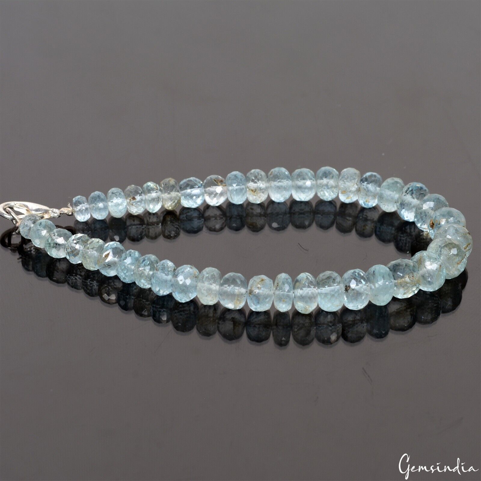 61.40 Ct Natural Blue Aquamarine Round Faceted Beaded Cut Handmade Bracelet 7.5"