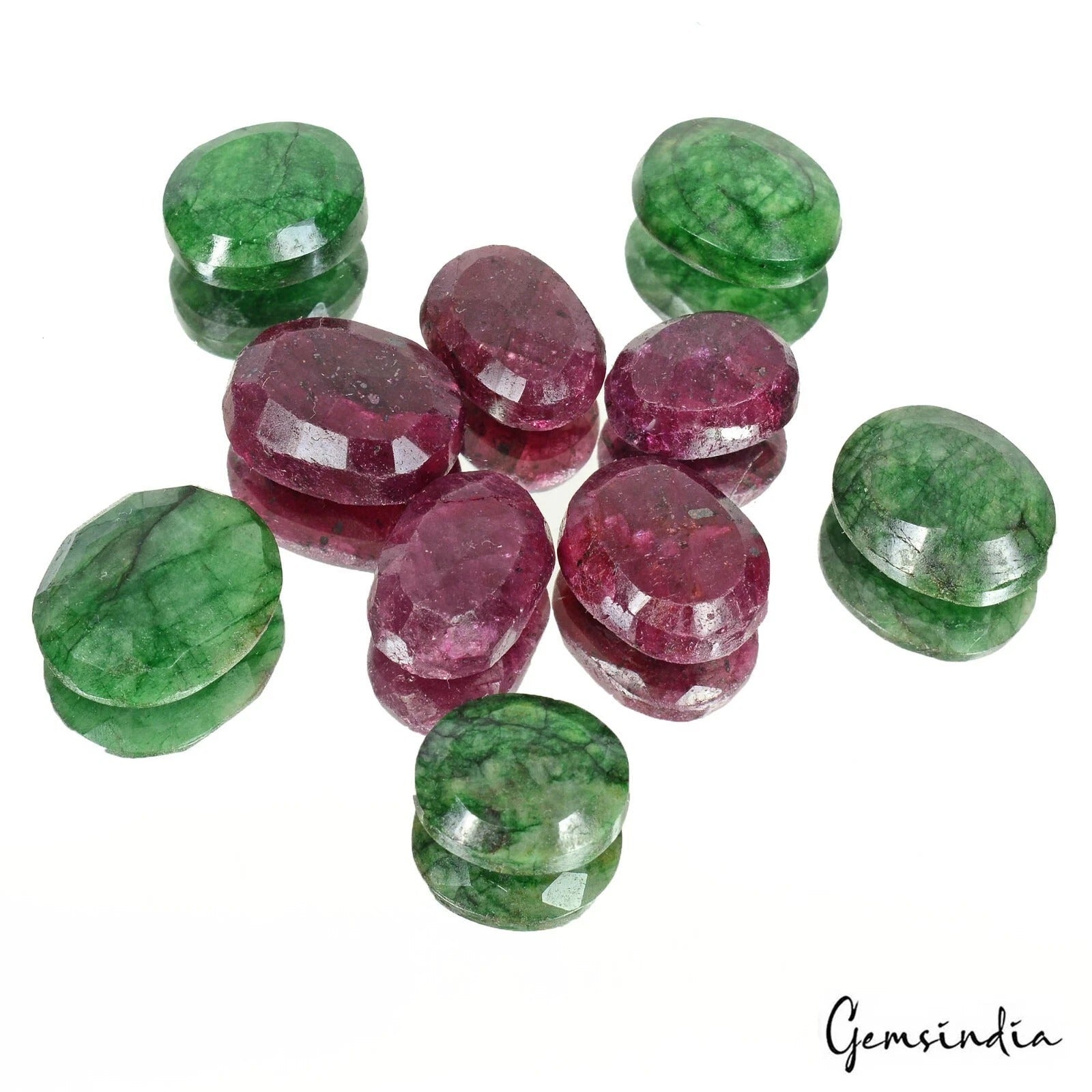 186.30 Cts/10 Pcs Natural Green Emerald Red Ruby Oval Faceted Cut Loose Gems Lot