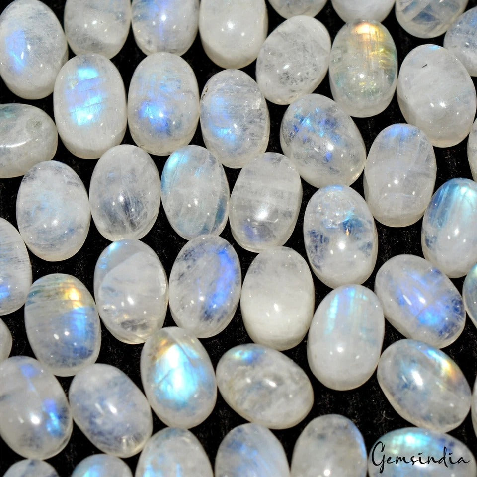 53 Pcs Natural Rainbow Moonstone 7x5mm Oval Blue Shines Cabochon Gemstones Lot