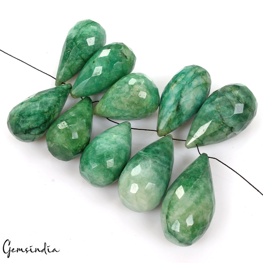 600 Cts/10 Pcs Natural Green Emerald Gem Pear Checker Cut Drill Bead/Briolettes