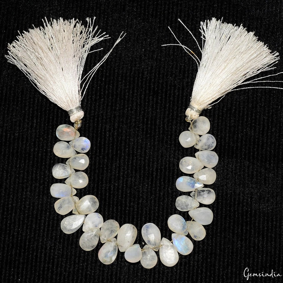 Natural White Moonstone Pear Faceted Briolette 8-12mm 5.5" Strand For Jewelry