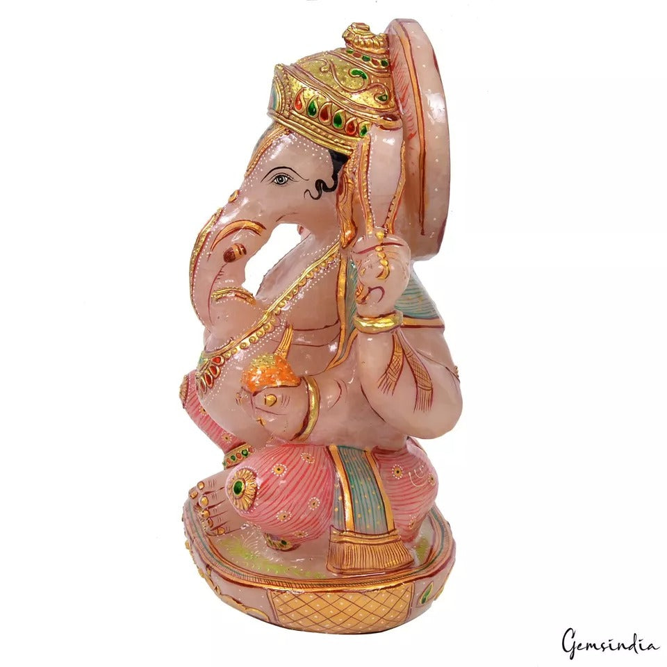5.7Kg Natural Pink w Golden Paint Rose Quartz Singlestone Lord Ganesha Sculpture