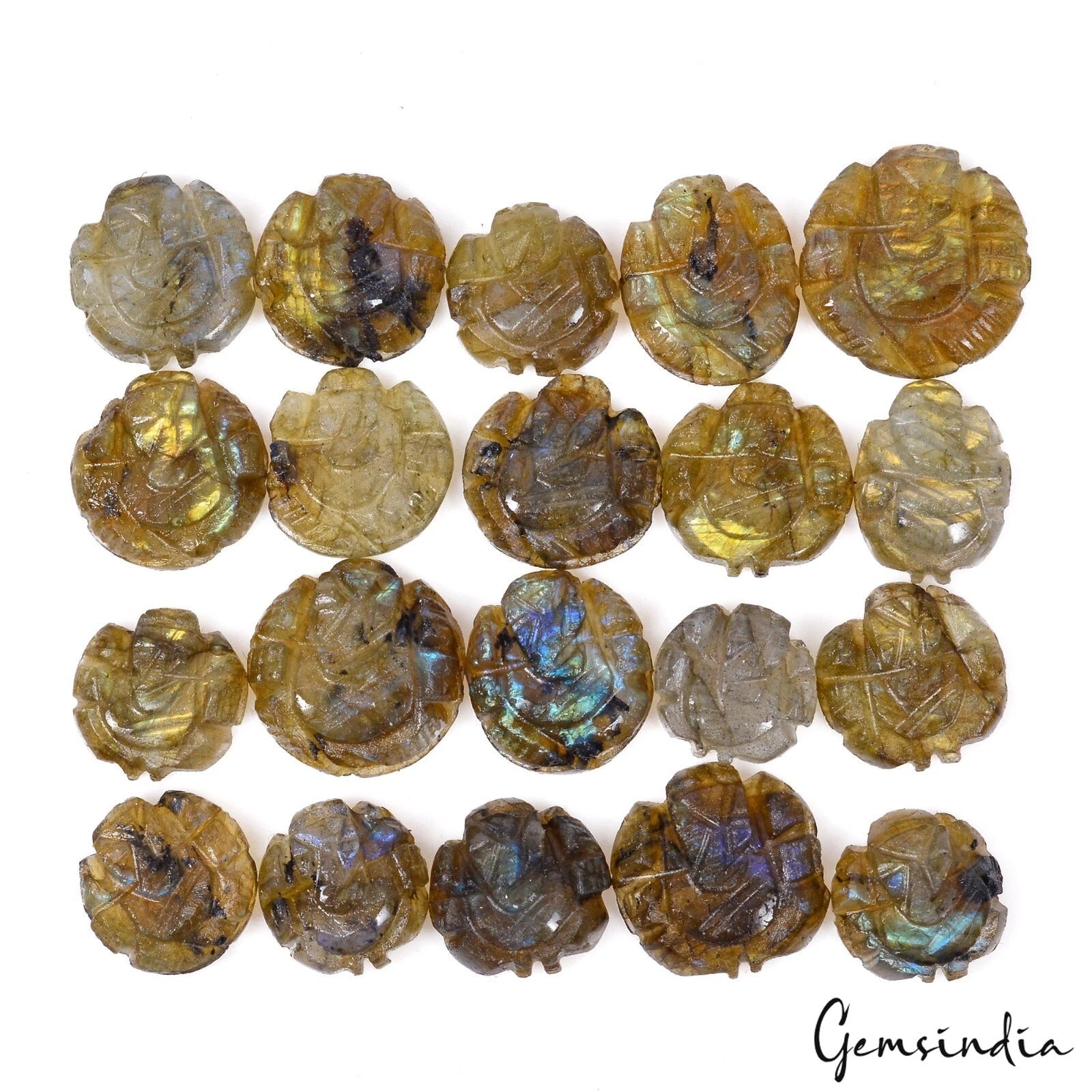 126.80 Ct Natural Multi Shine Labradorite Hand Carved Ganesha Gems Lot 20 Pcs