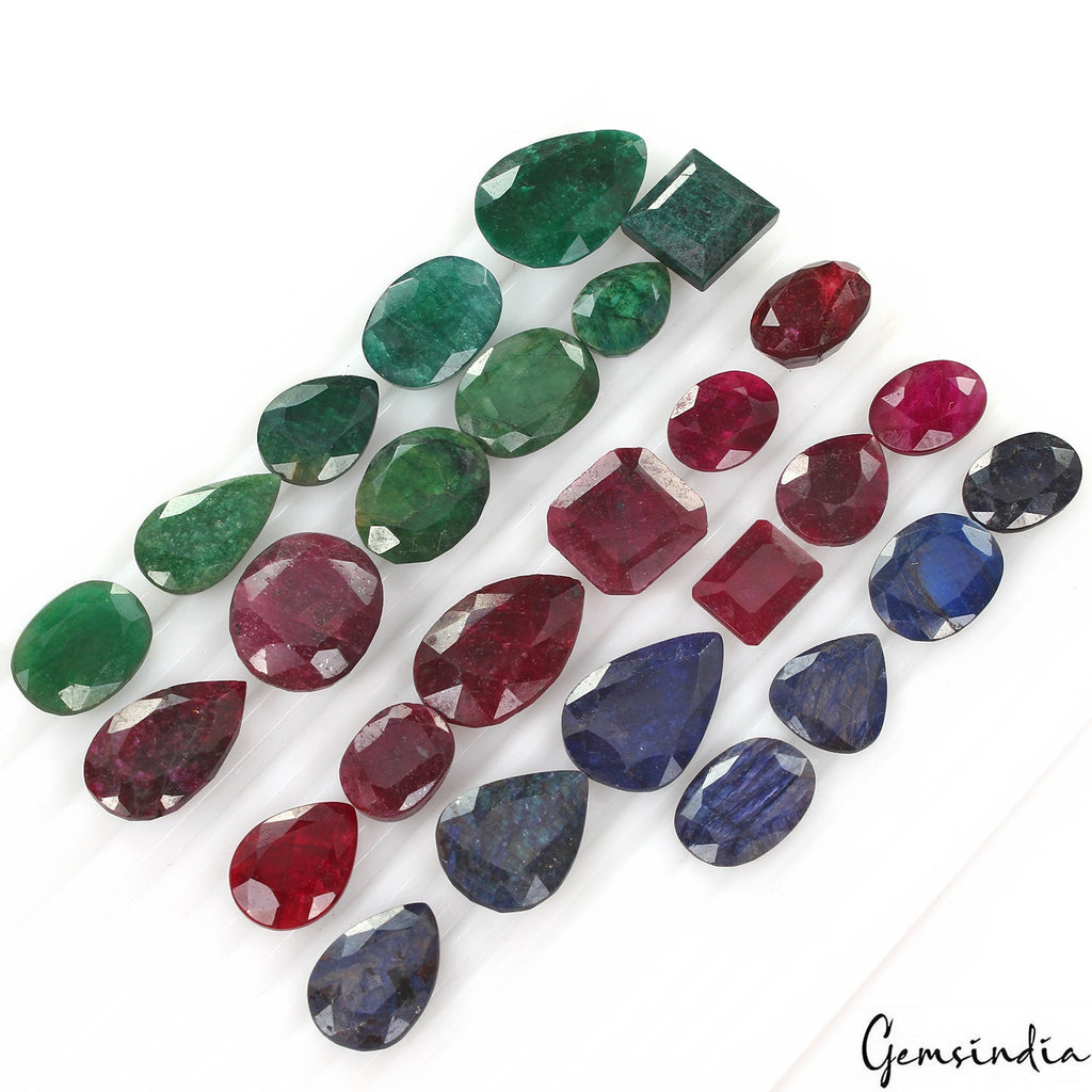 Certified 580 Ct/33 Pcs Natural Red Ruby Green Emerald Blue Sapphire Mix Cut Gem