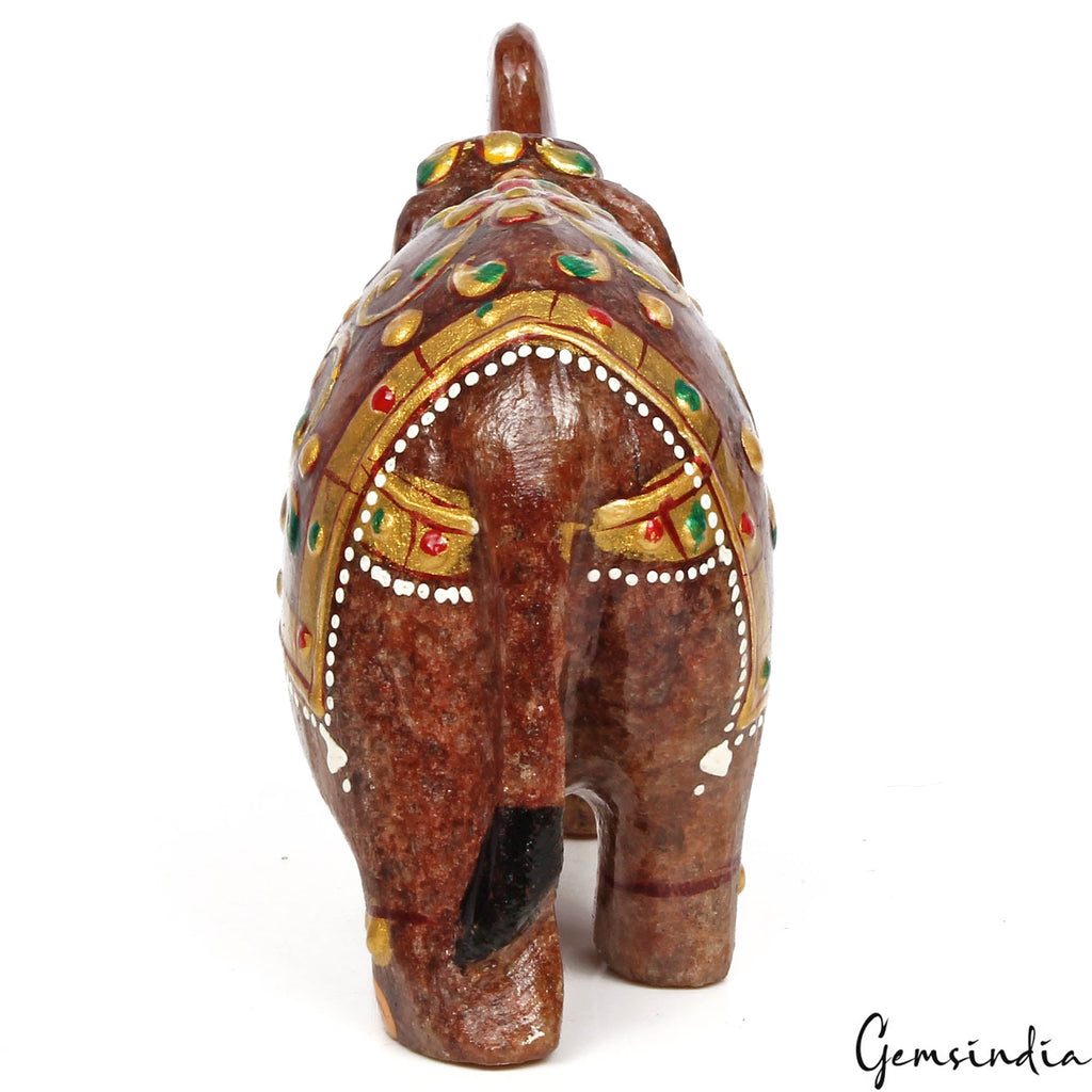 1130 Cts Natural Aventurine Hand Crafted Gold Painted Elephant Sculpture/ Statue