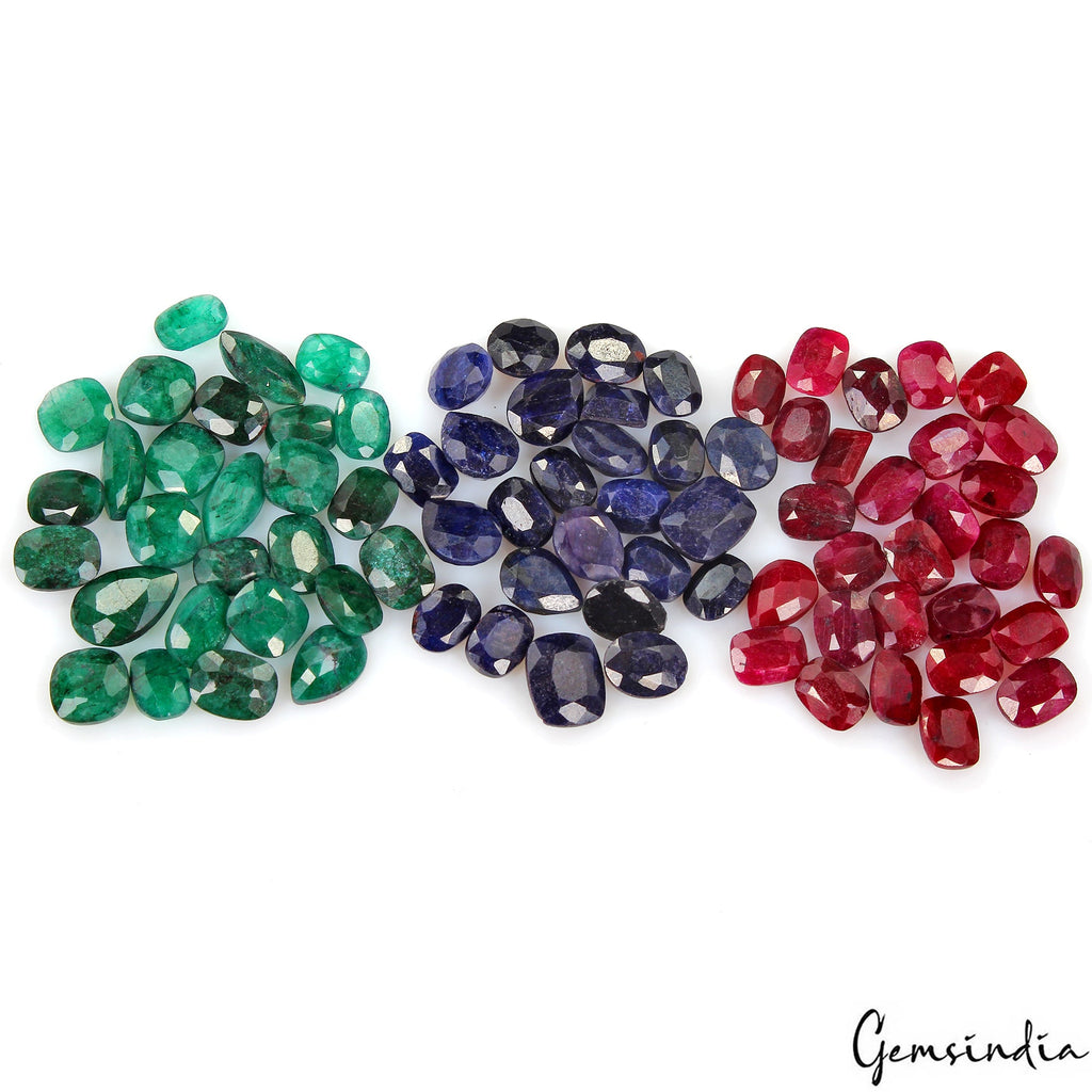 165.70 Ct/80 Pc Natural Ruby Emerald Sapphire Mux Cut 7-12mm Multi Gemstones Lot