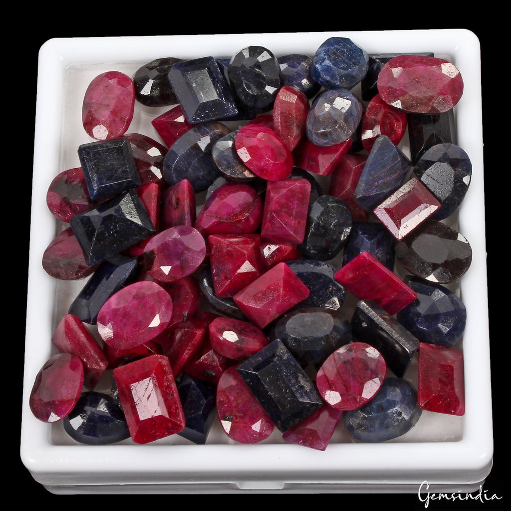 Certified 700 Cts/71 Pcs Natural Red Ruby Blue Sapphire Mix Cut Loose Gems Lot